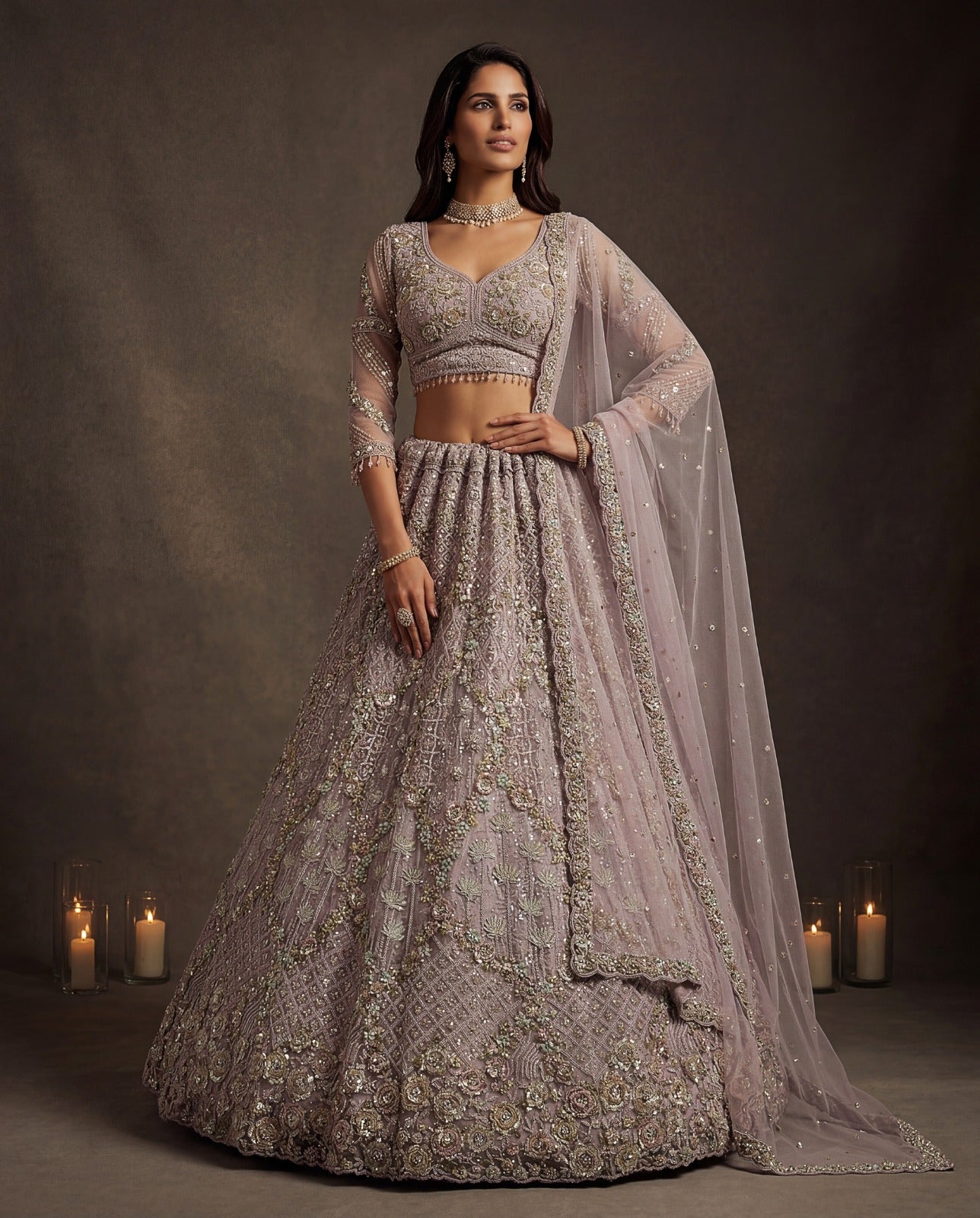 Lilac Pure Soft Heavy Double Net Crafted Fancy Chapat Zari Work Bridal Lehenga Choli