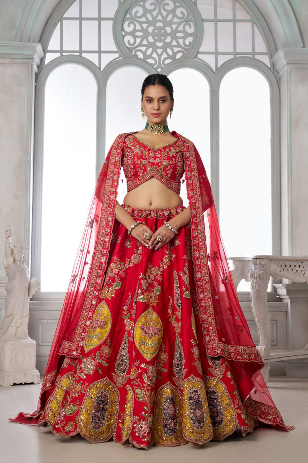Red Bridal Lehenga Choli with Multicolor Royal Patchwork Embroidery