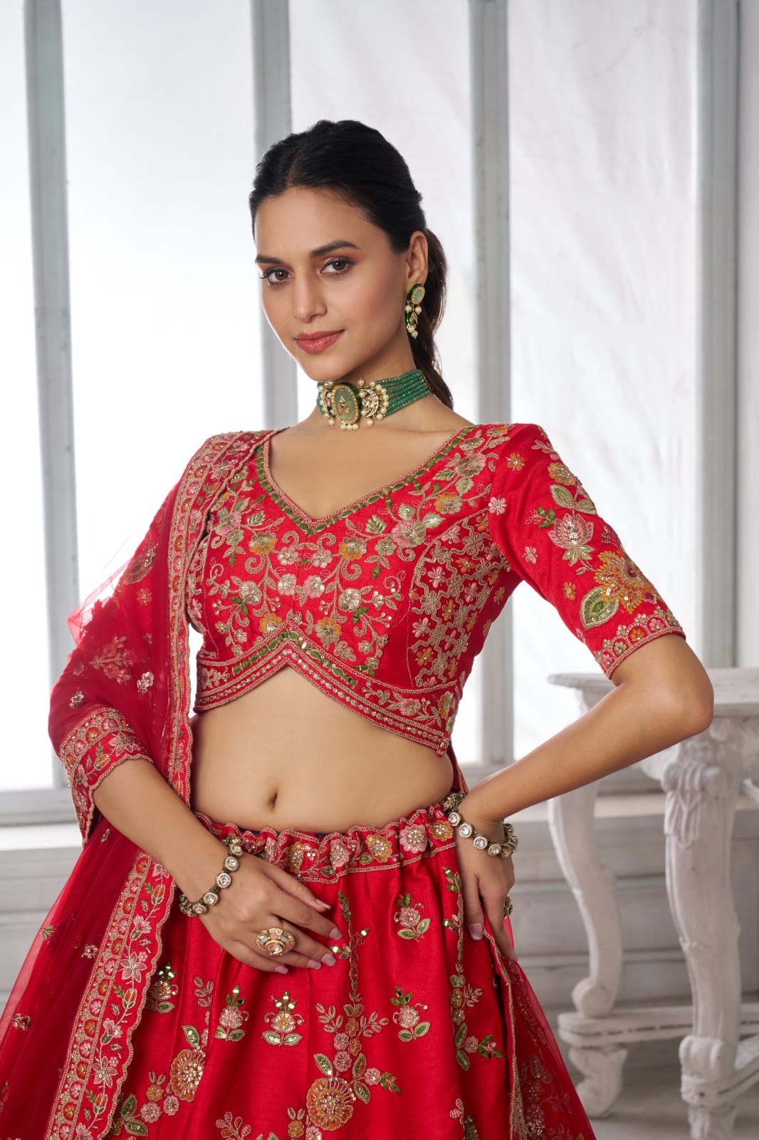 Red Bridal Lehenga Choli with Multicolor Royal Patchwork Embroidery
