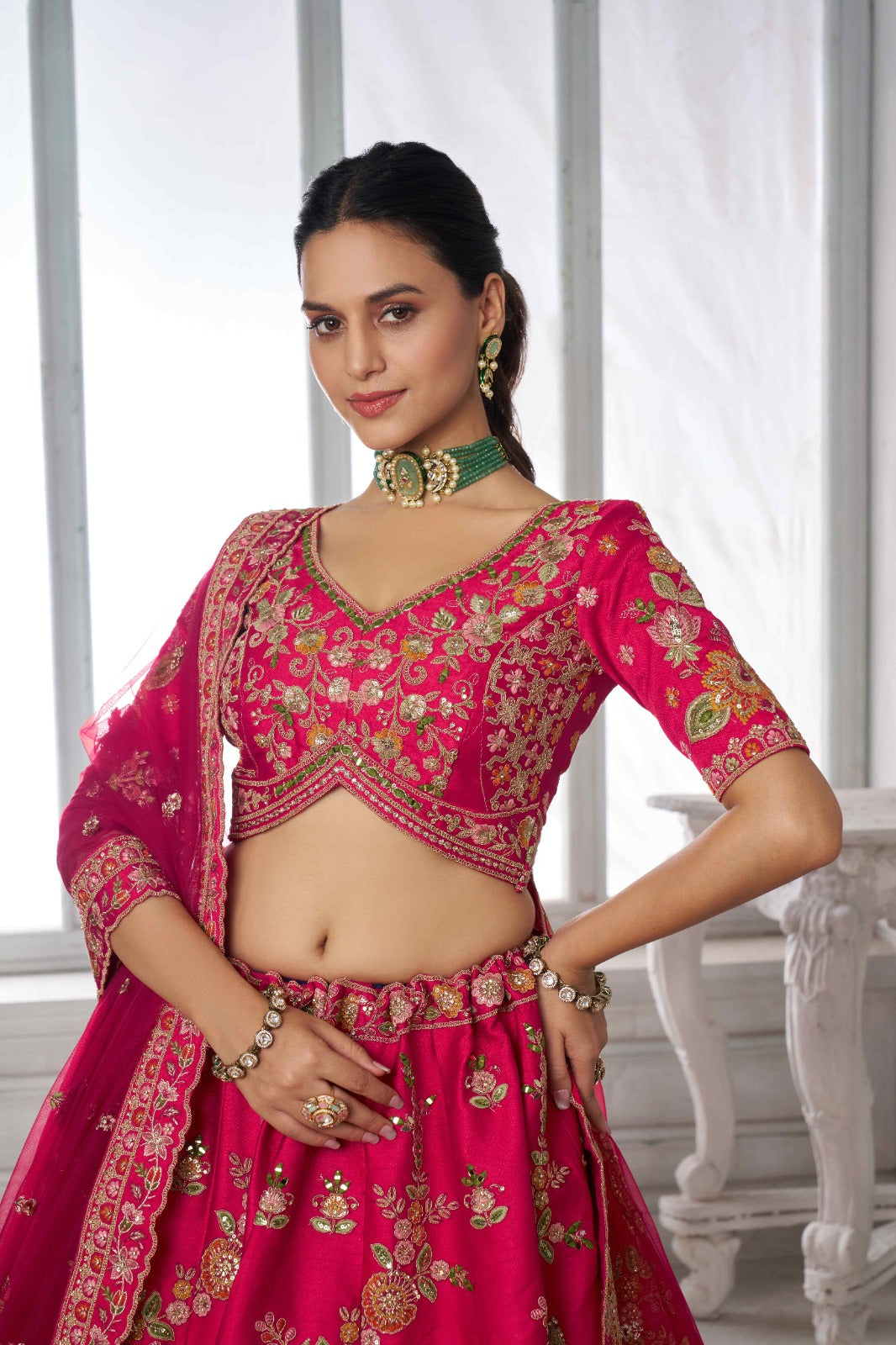 Rani Pink Bridal Lehenga Choli with Multicolor Royal Embroidery