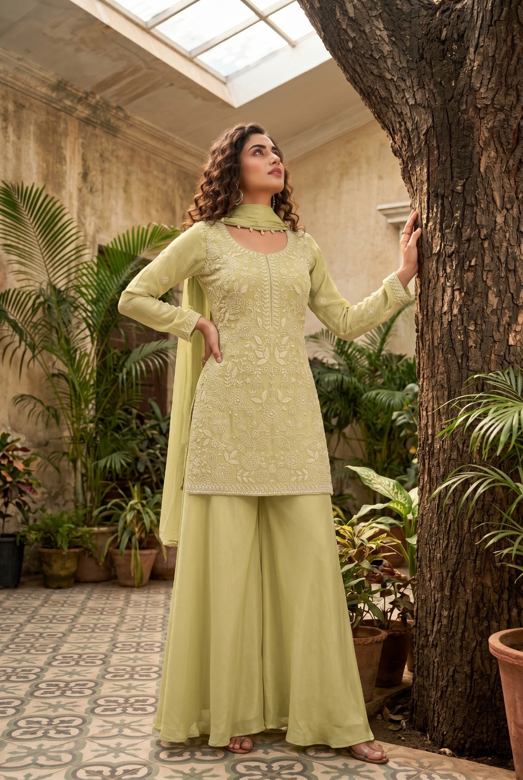 Pistachio Green Premium Chinon Beads Work Sharara Suit