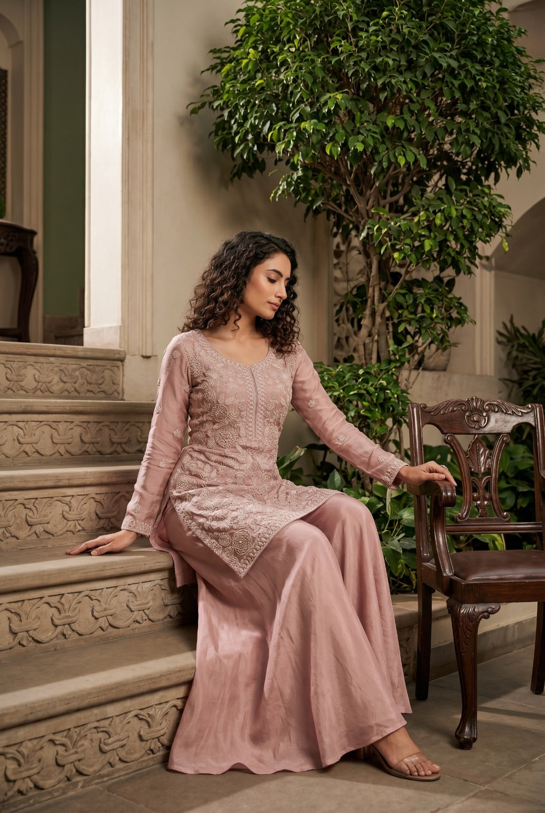 Blush Pink Premium Chinon Beads Work Designer Sharara Suit
