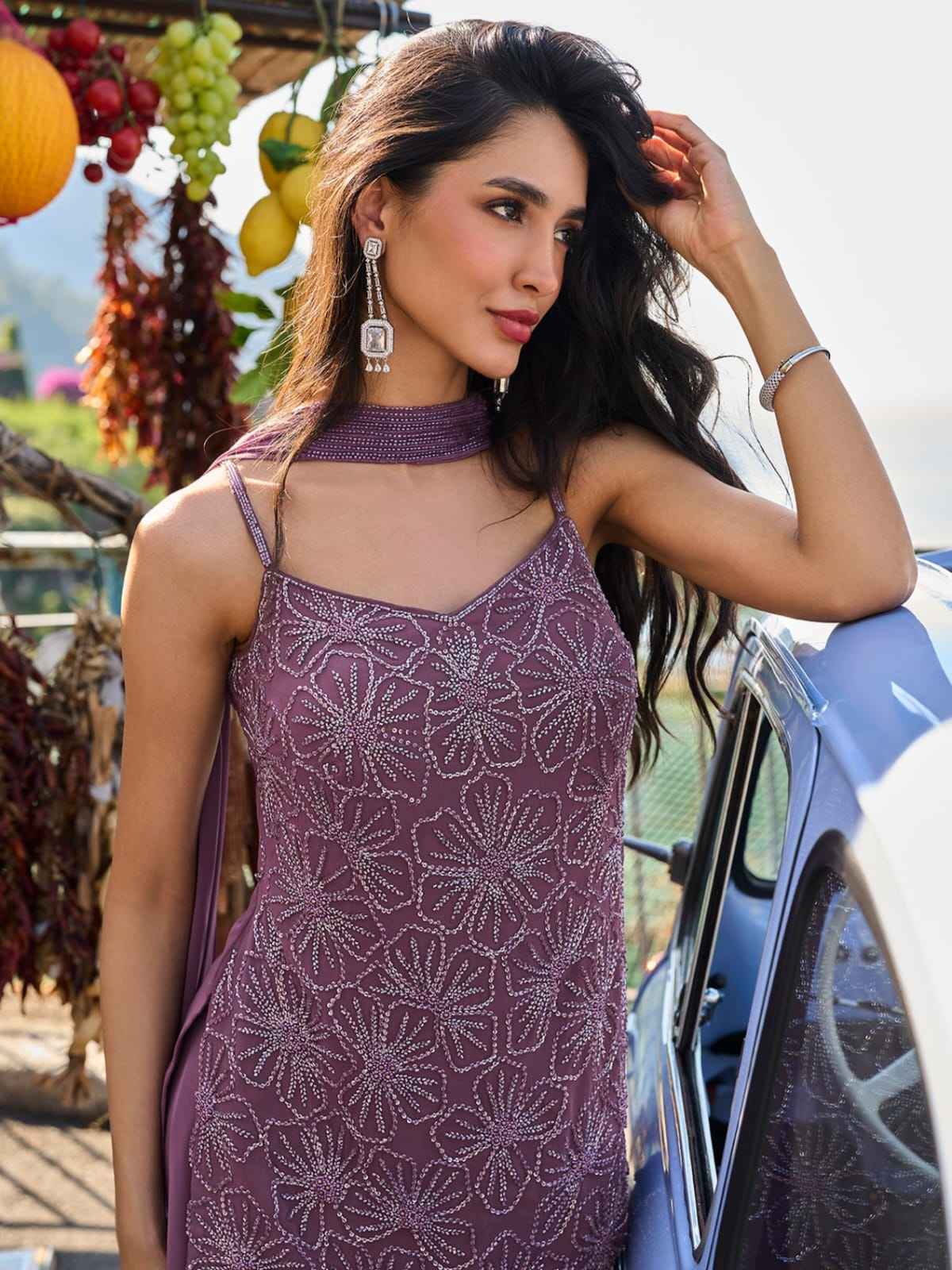 Mauve Embroidered Georgette Sharara Suit Set with Dupatta