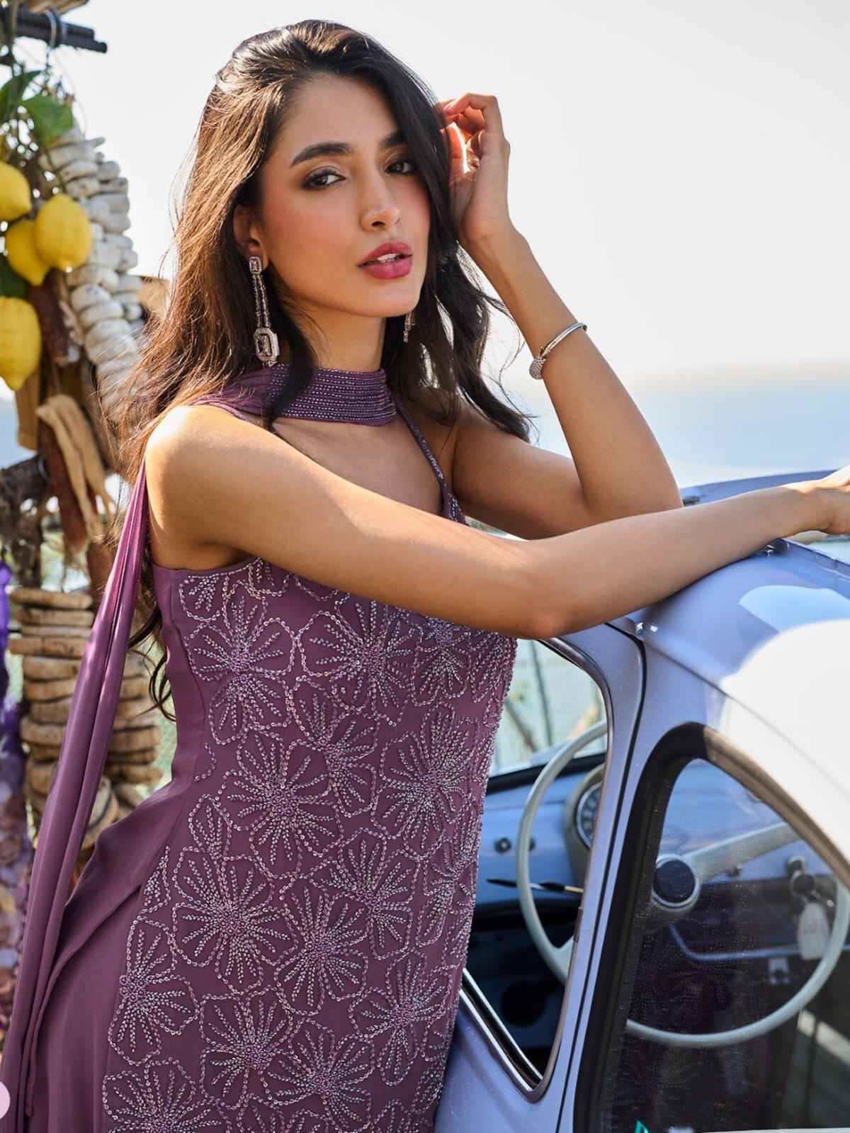 Mauve Embroidered Georgette Sharara Suit Set with Dupatta