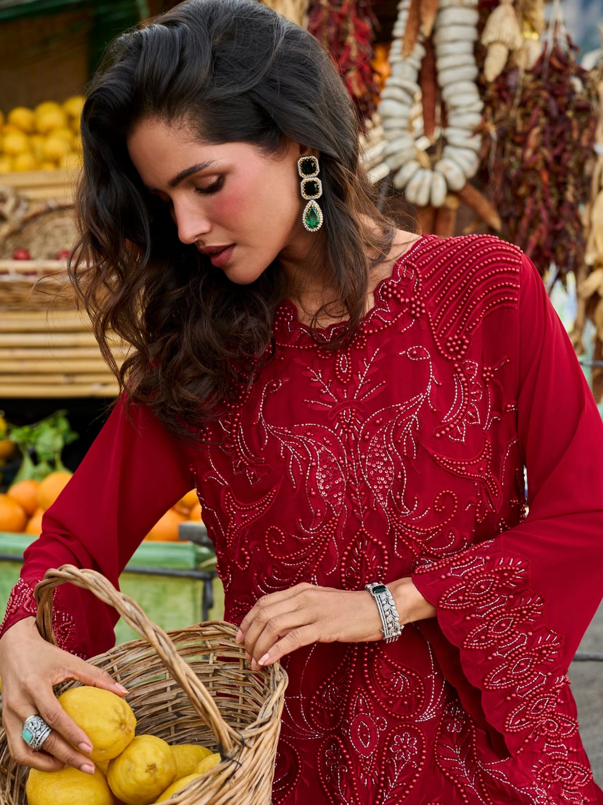 Red Embroidered Georgette Palazzo Suit Set with Dupatta