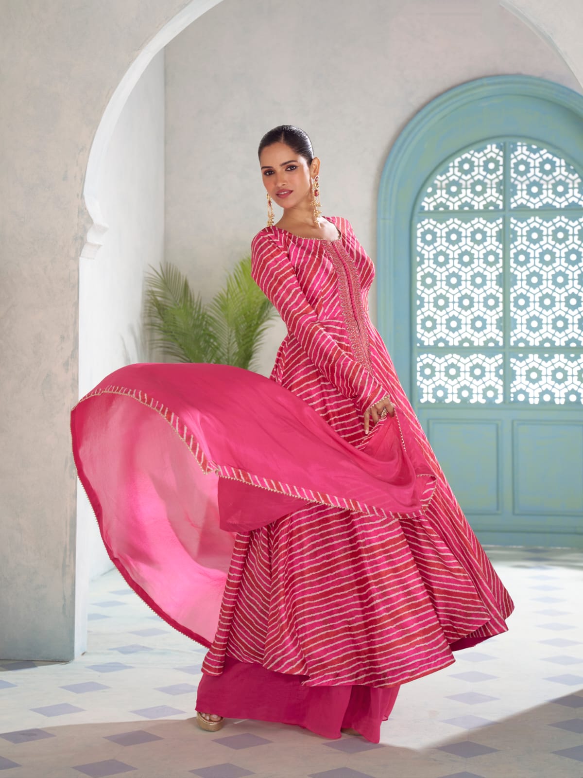 Pink Digital Printed Embroidered Chinon Anarkali Suit Set with Palazzo