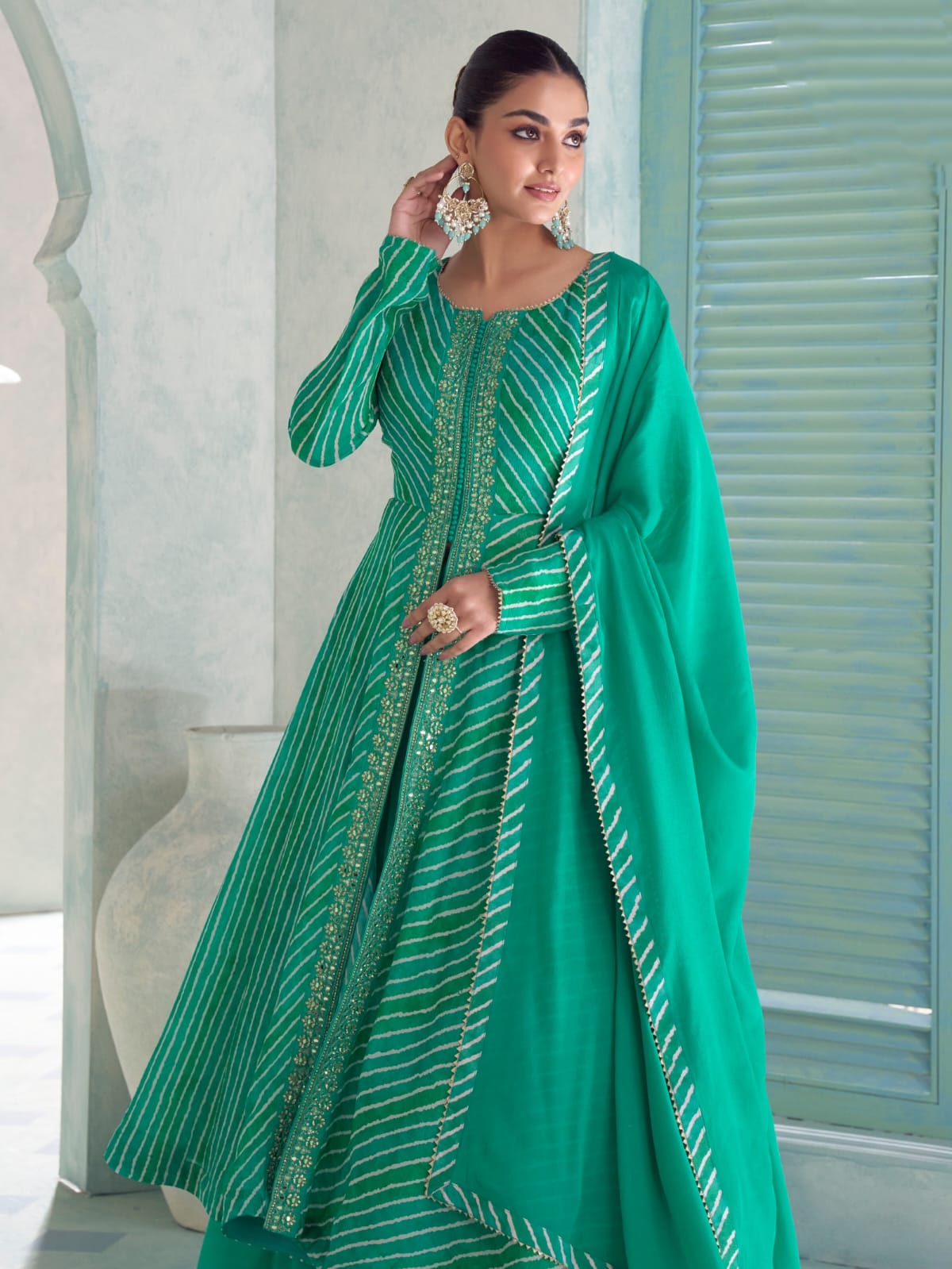Green Digital Printed Embroidered Chinon Anarkali Suit Set