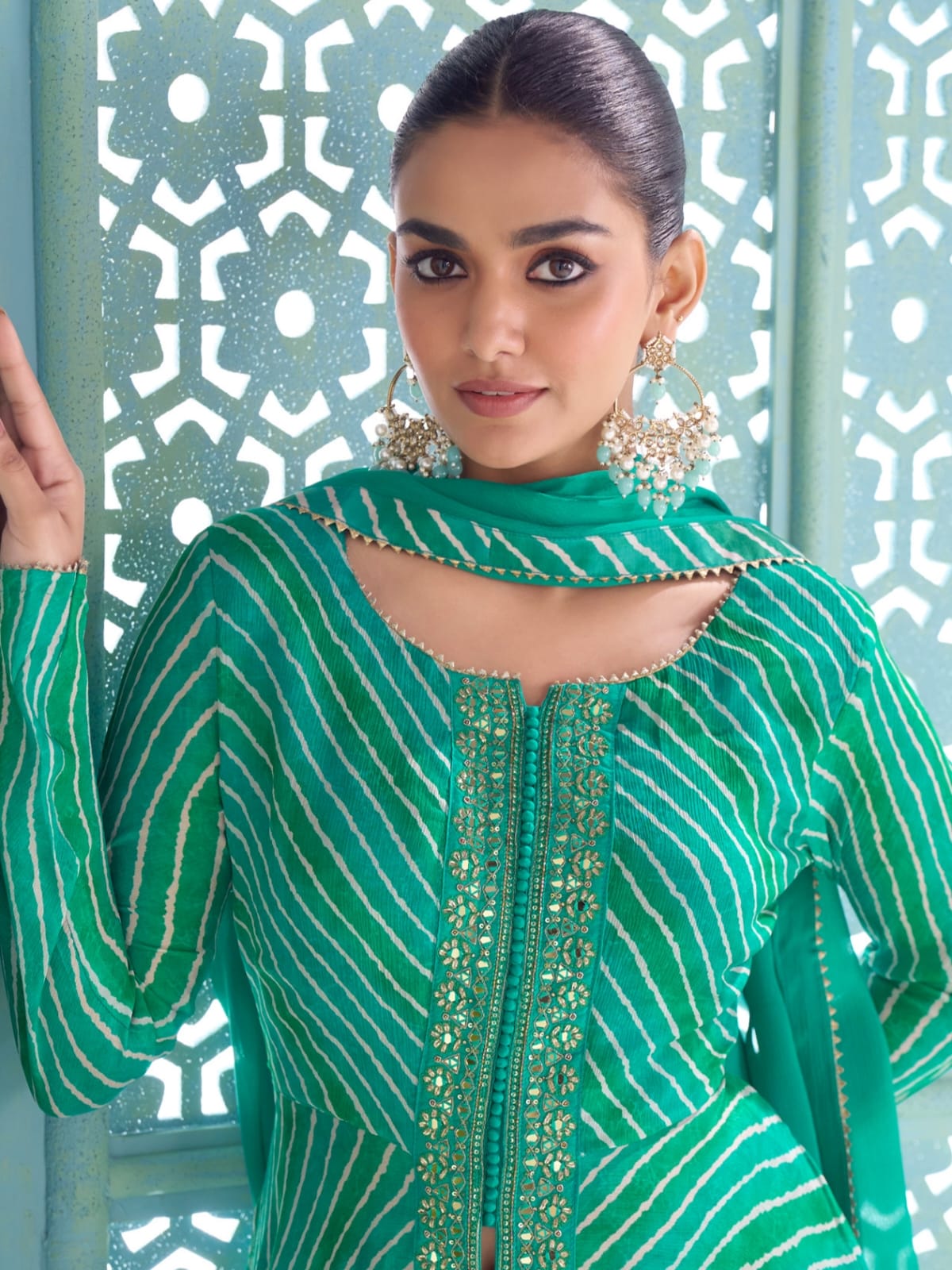 Green Digital Printed Embroidered Chinon Anarkali Suit Set