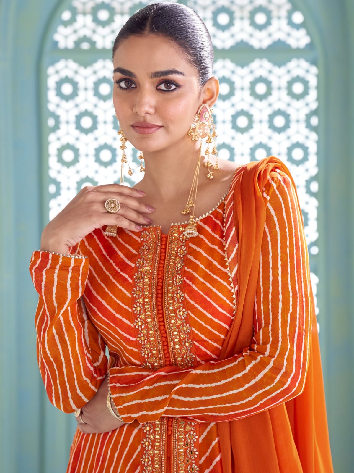 Orange Digital Printed Embroidered Chinon Anarkali Suit Set