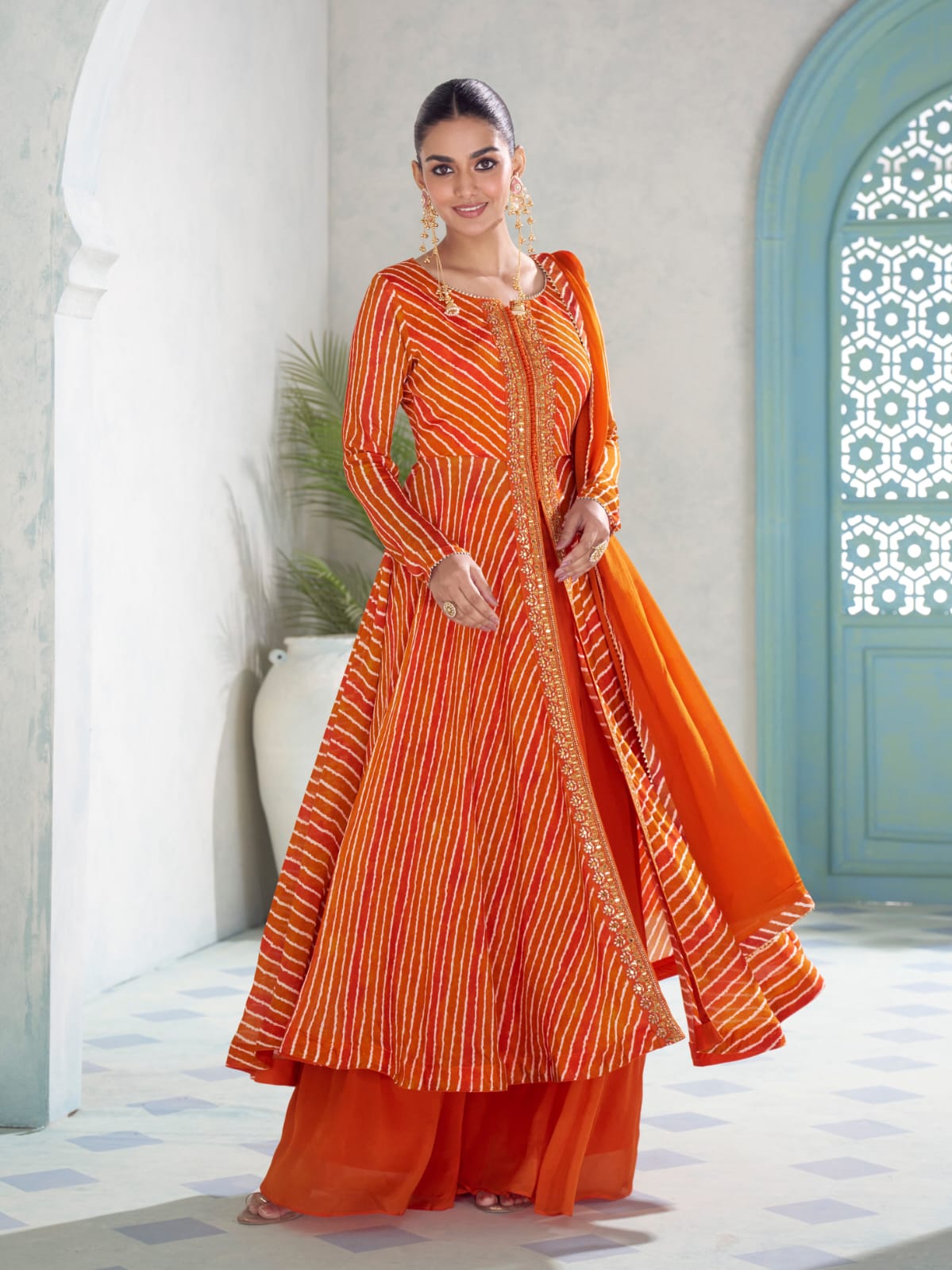 Orange Digital Printed Embroidered Chinon Anarkali Suit Set