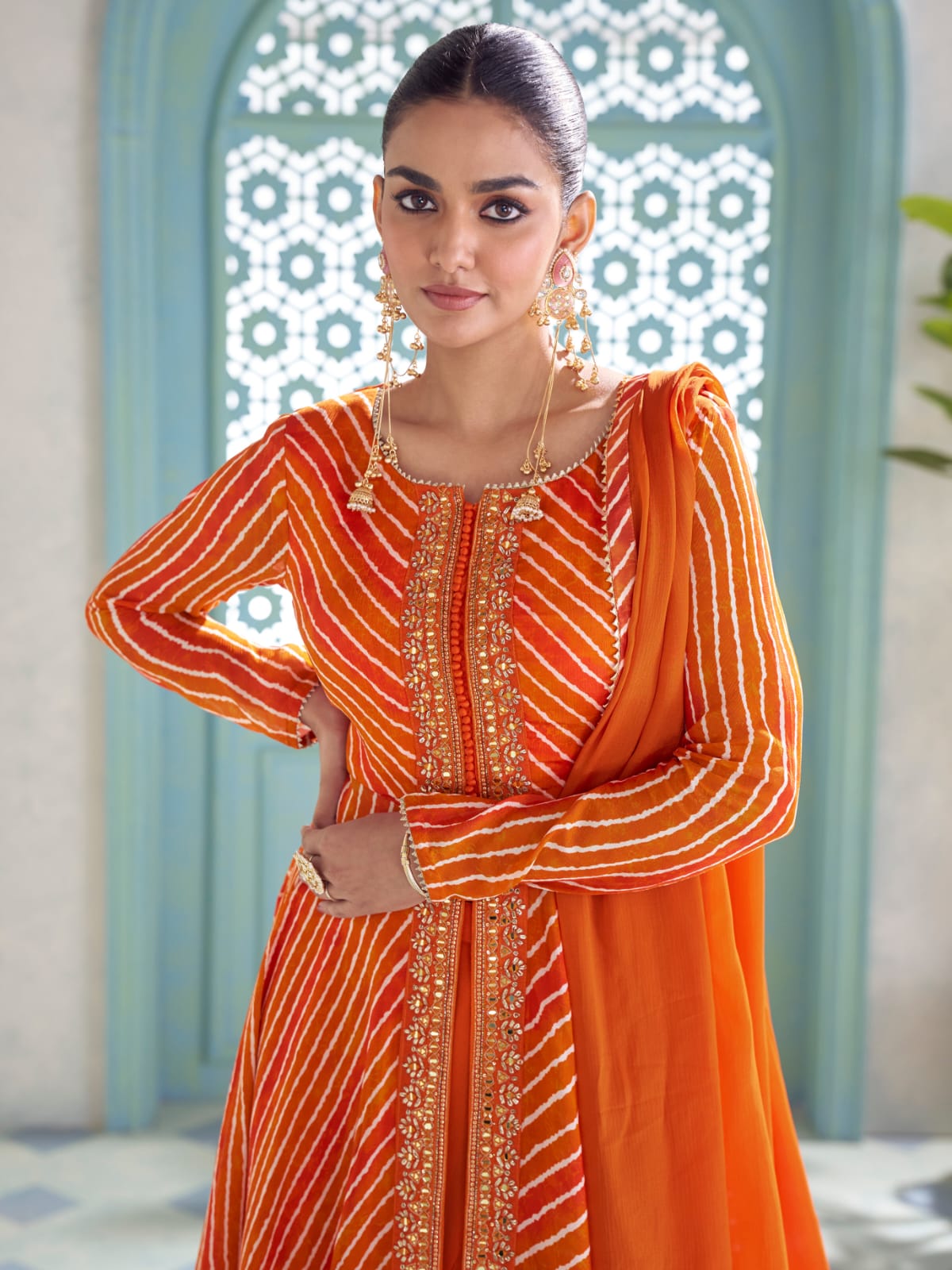 Orange Digital Printed Embroidered Chinon Anarkali Suit Set
