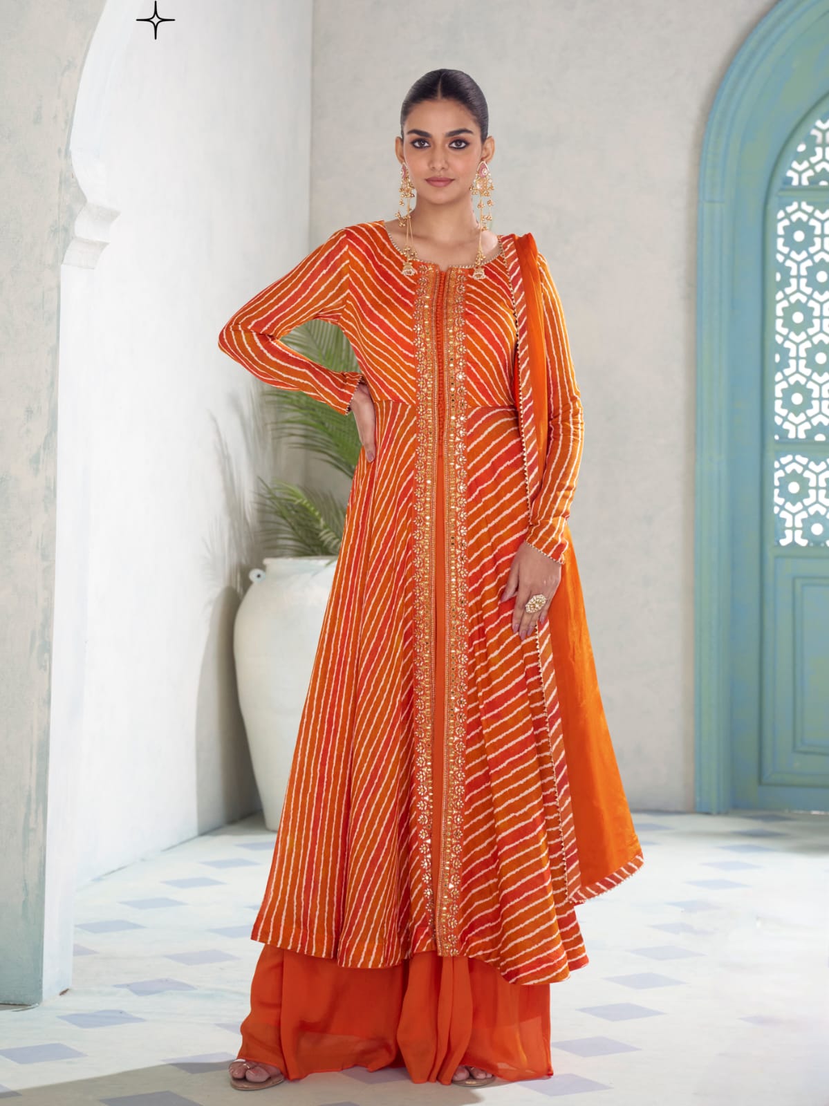 Orange Digital Printed Embroidered Chinon Anarkali Suit Set