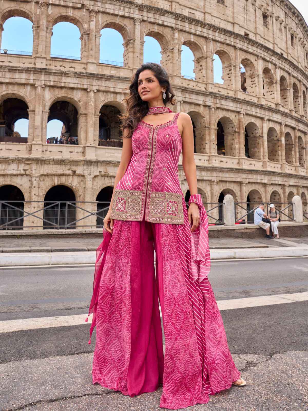 Pink Embroidered Silk Sharara Suit Set with Dupatta