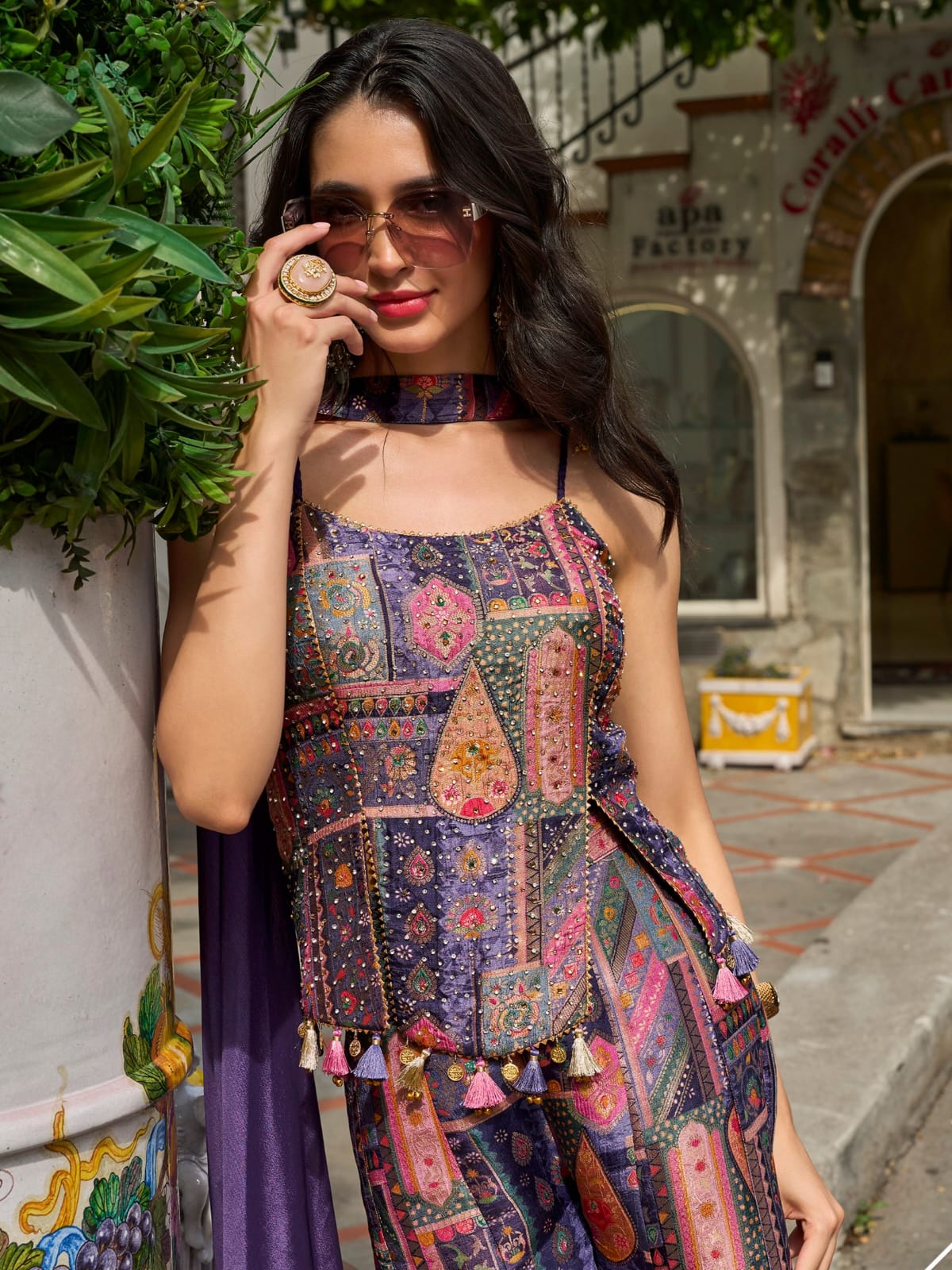 Purple Multicolor Jacquard Silk Palazzo Suit Set with Dupatta