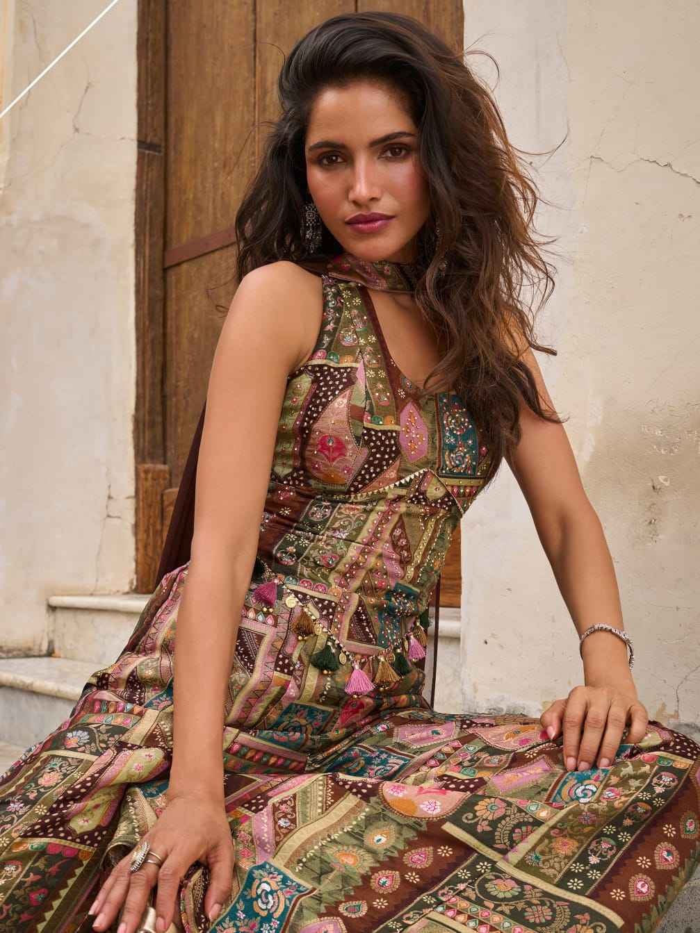 Olive Green Multicolor Jacquard Silk Palazzo Suit Set with Dupatta