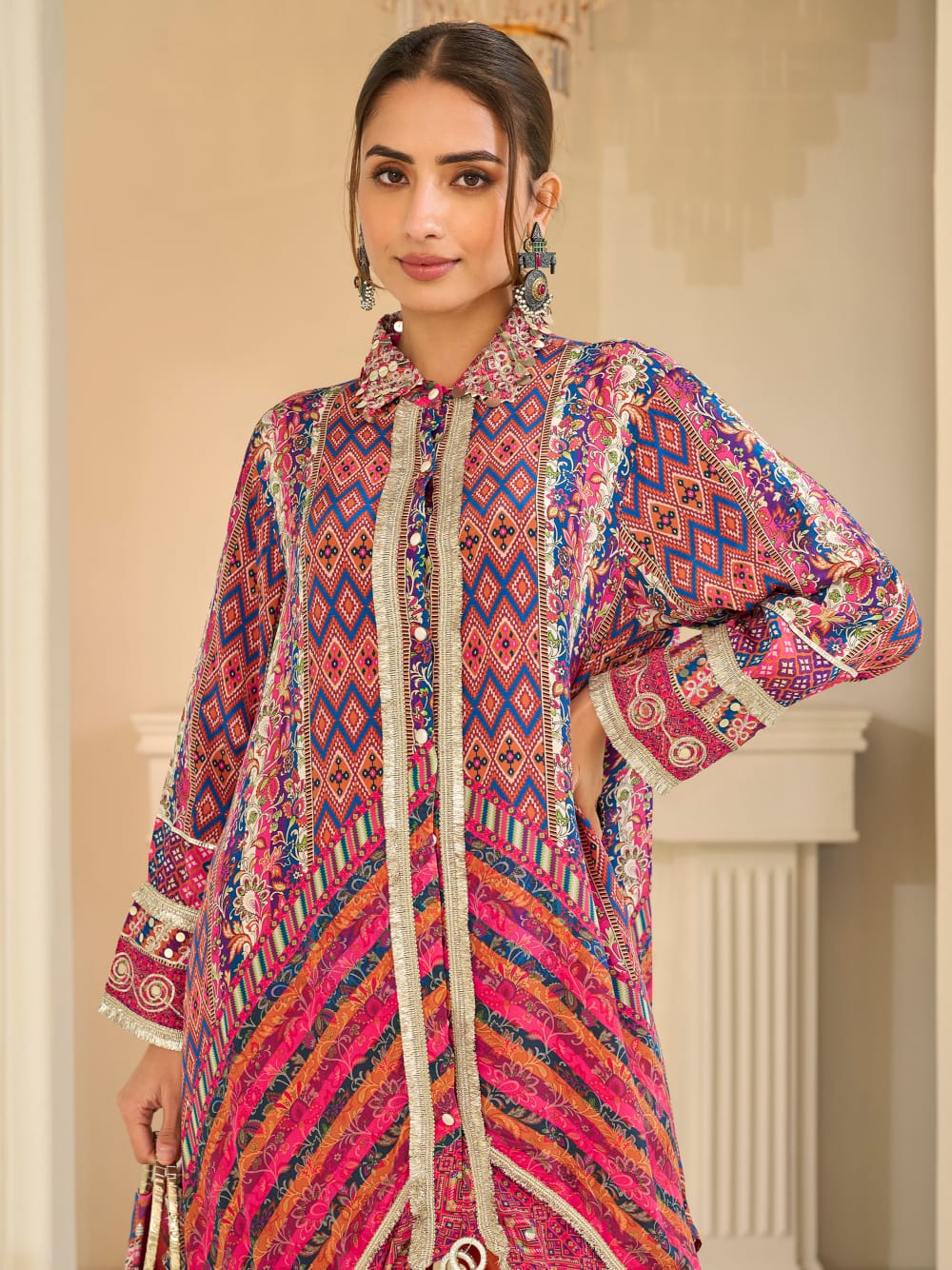 Pink Multicolor Indo-Western Pant Suit Set with Aari & Gota Patti Work