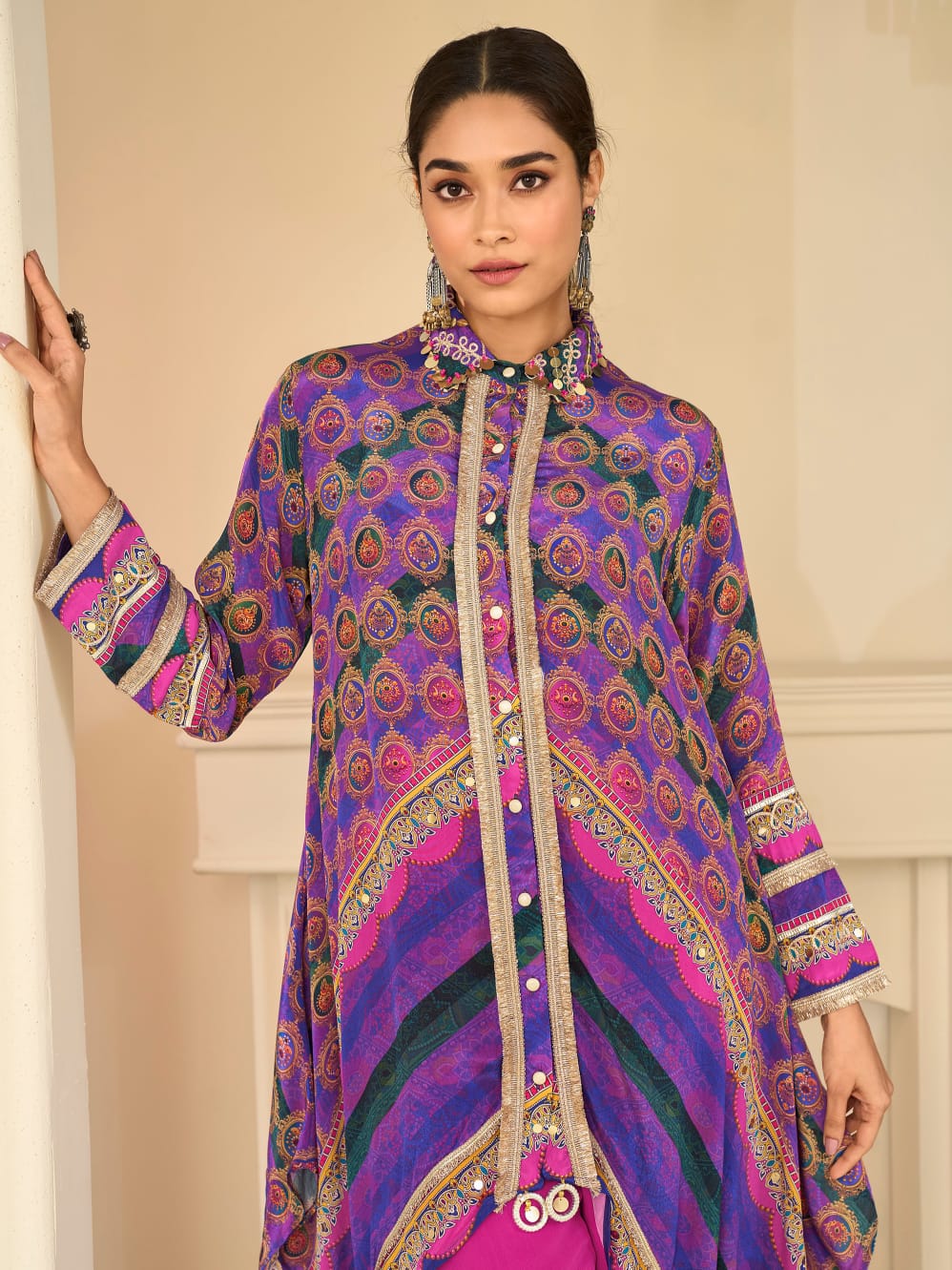 Purple Multicolor Indo-Western Pant Set with Aari & Gota Patti Work