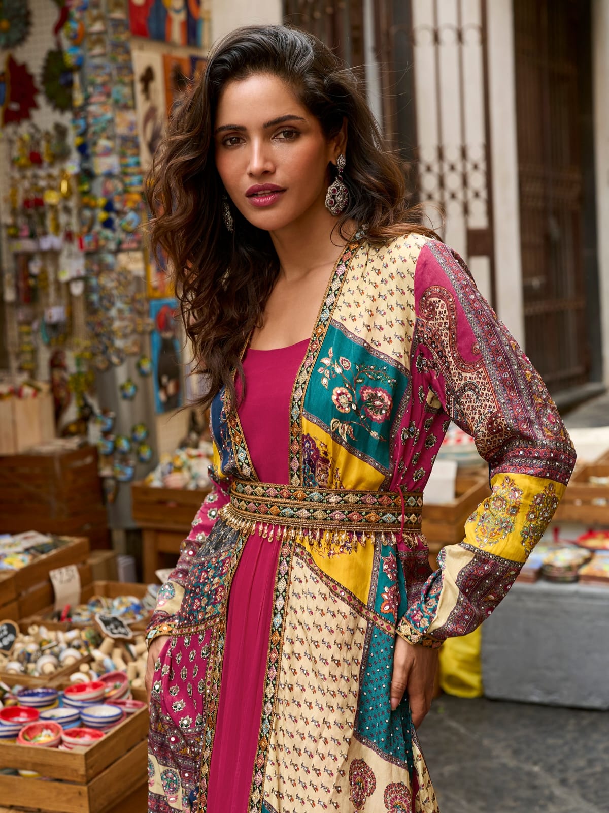 Magenta Embroidered Gown with Multicolor Digital Printed Jacket