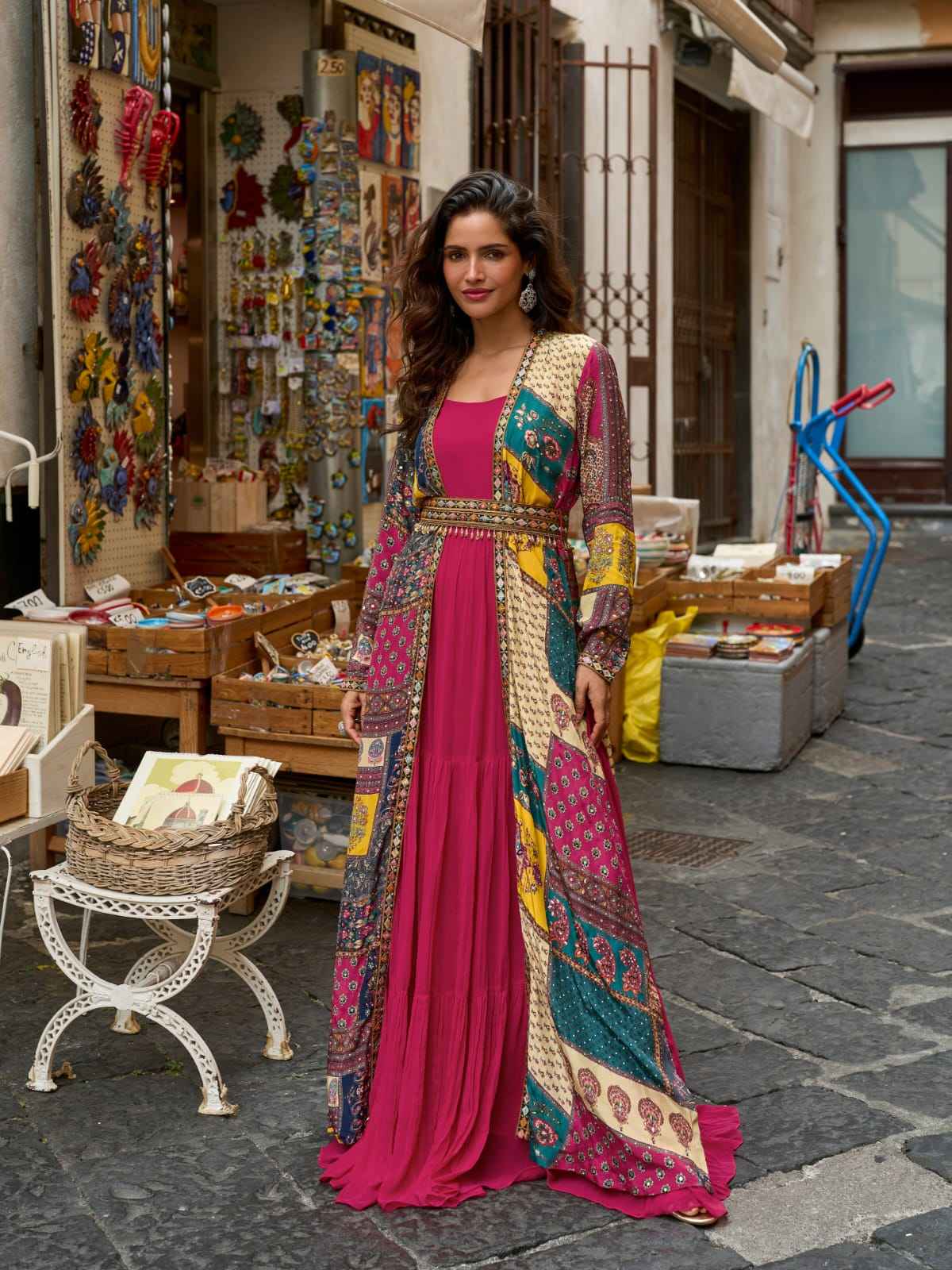 Magenta Embroidered Gown with Multicolor Digital Printed Jacket