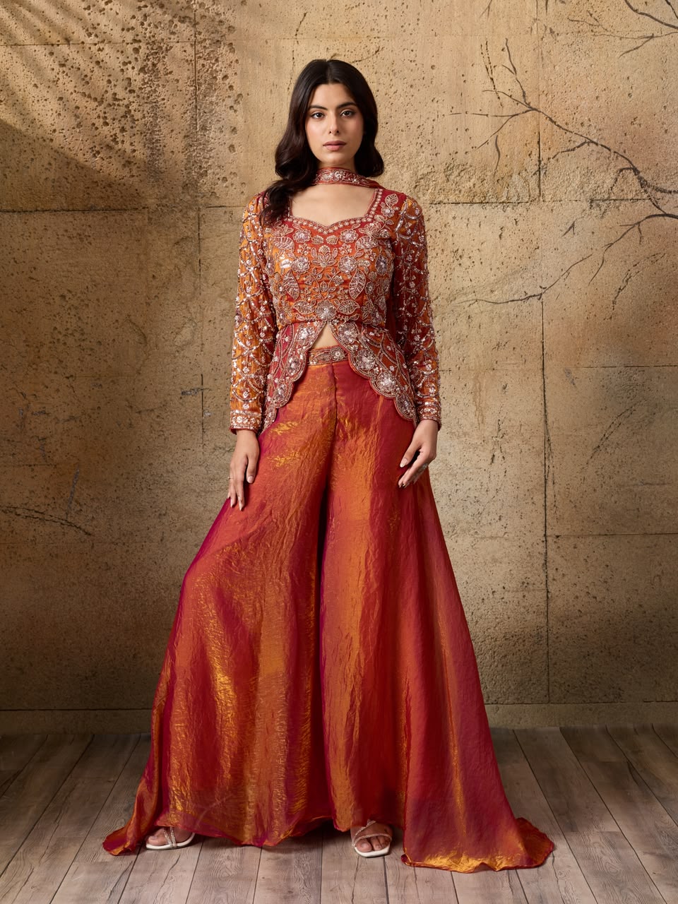 Rust Orange & Magenta Indo-Western Set with Beaded Embroidered Blouse