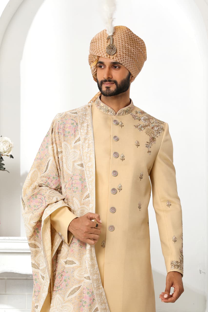 Pista Green Art Silk Sherwani for Men