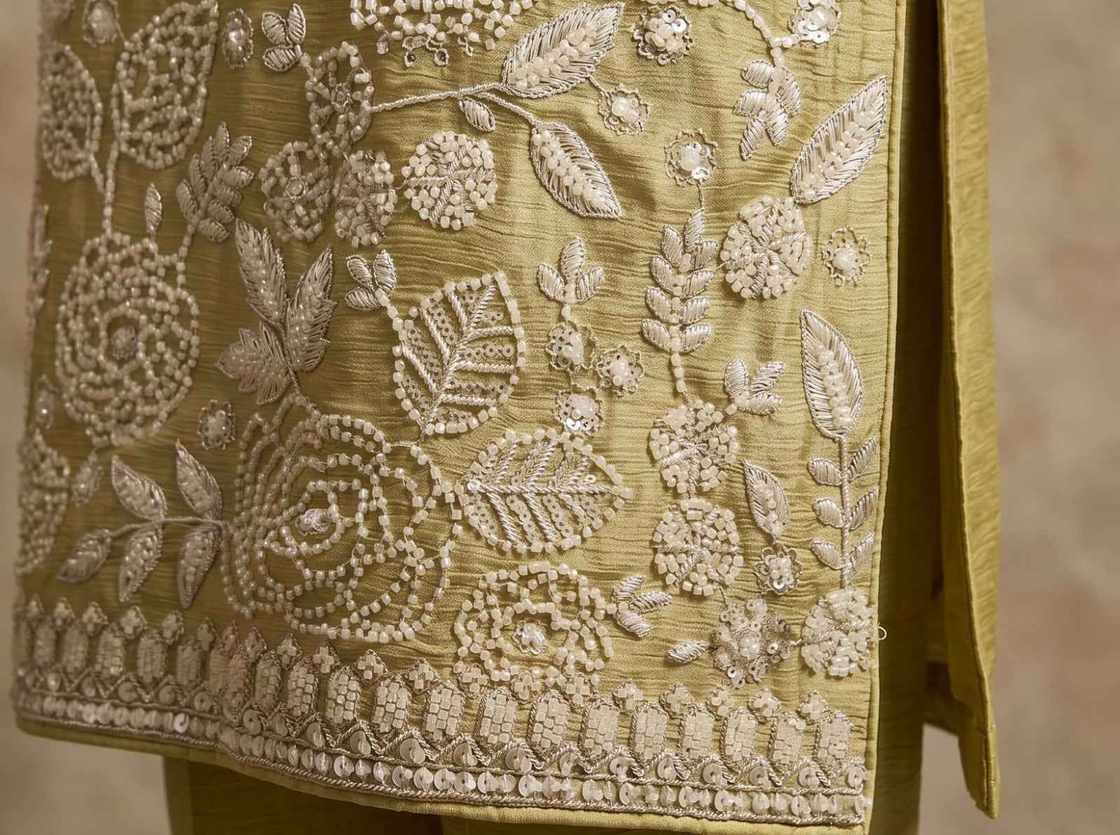 Pistachio Green Premium Chinon Beads Work Sharara Suit