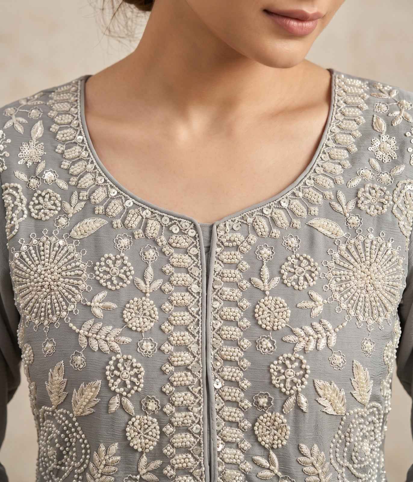 Pearl Grey Premium Chinon Beads Work Sharara Suit