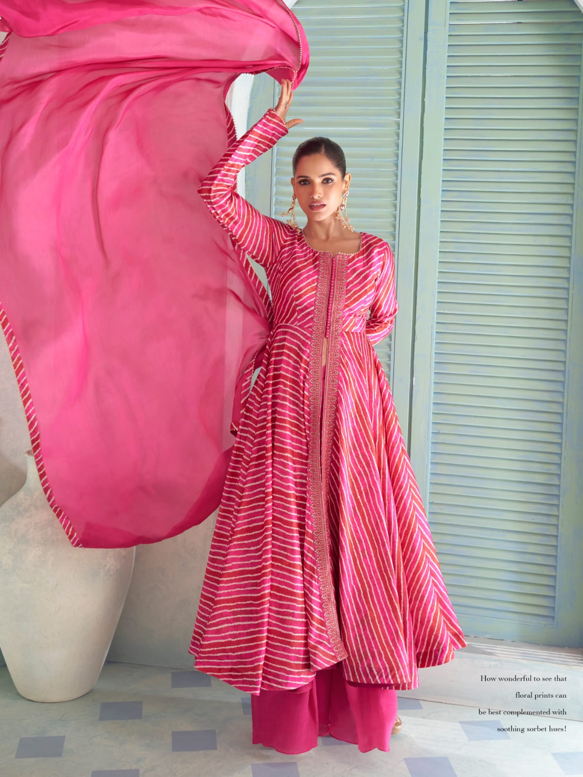 Pink Digital Printed Embroidered Chinon Anarkali Suit Set with Palazzo