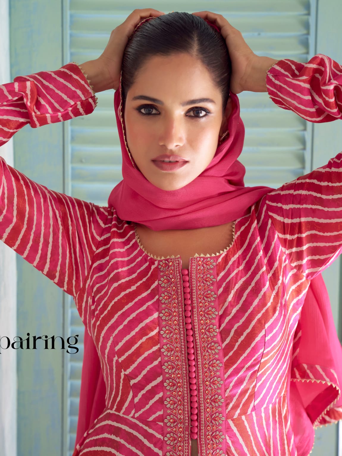 Pink Digital Printed Embroidered Chinon Anarkali Suit Set with Palazzo