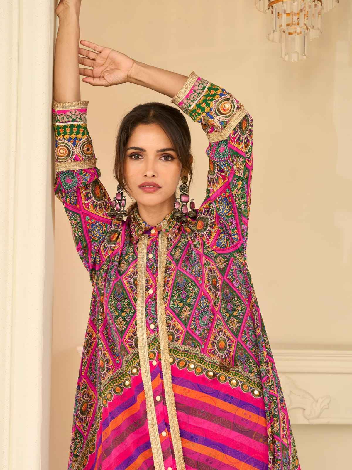 Purple Multicolor Indo-Western Pant Set with Aari & Gota Patti Work