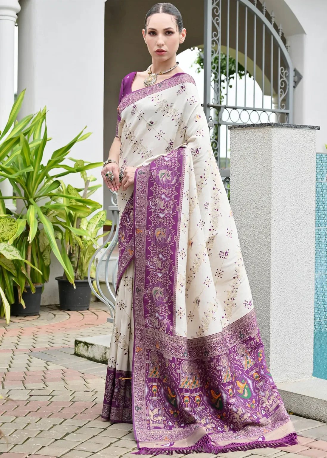 White & Purple Pure Soft Banarasi Silk Patola Zari Woven Saree