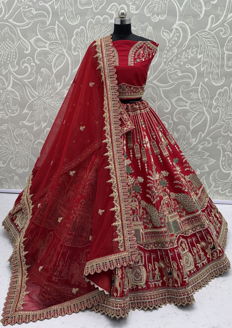 Red Pure Soft Silk Heavy Embroidery Work Bridal Lehenga
