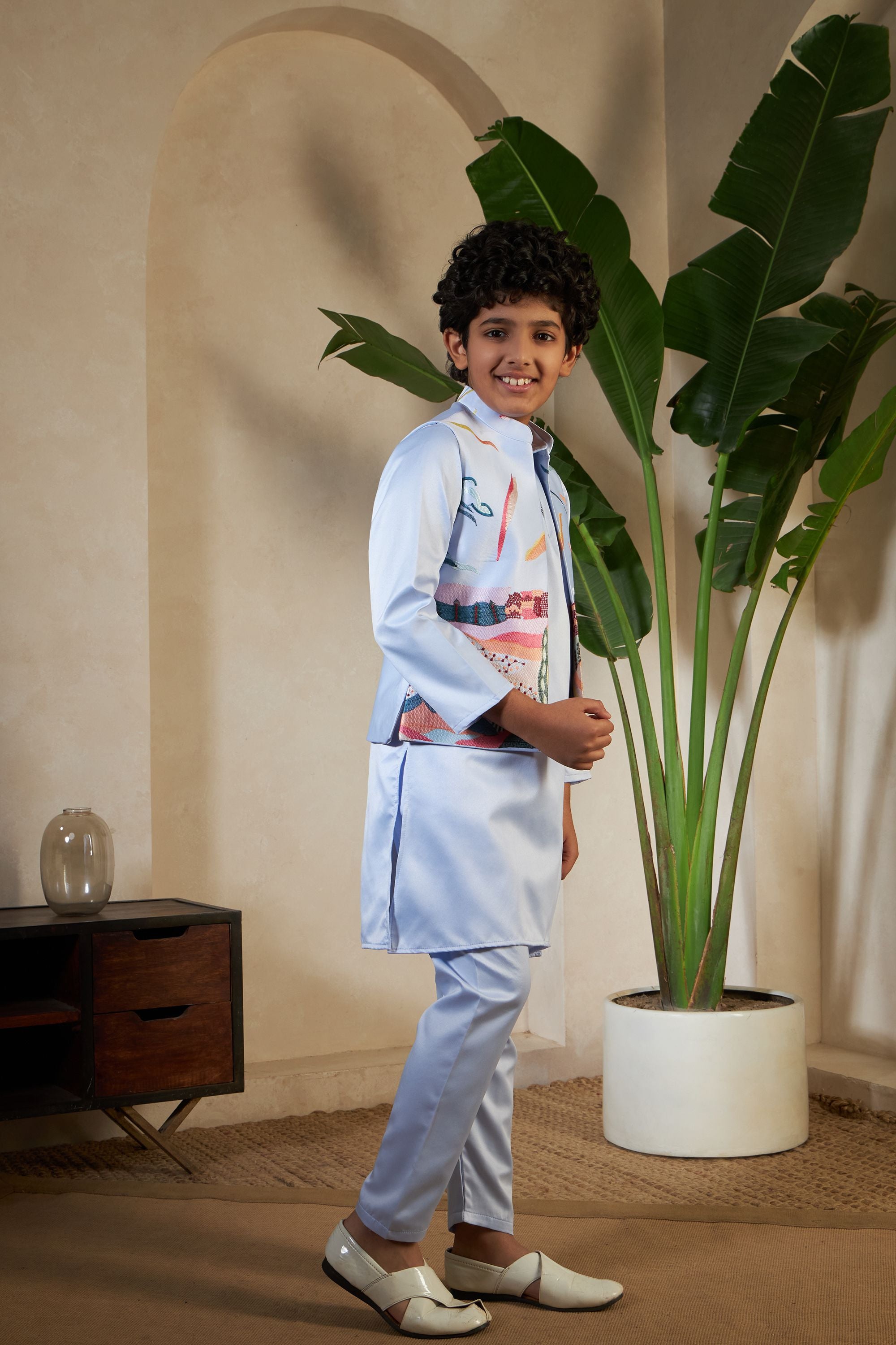 Sky Pure Satin Silk Kids Boy Kurta Pajama With Koti Jacket