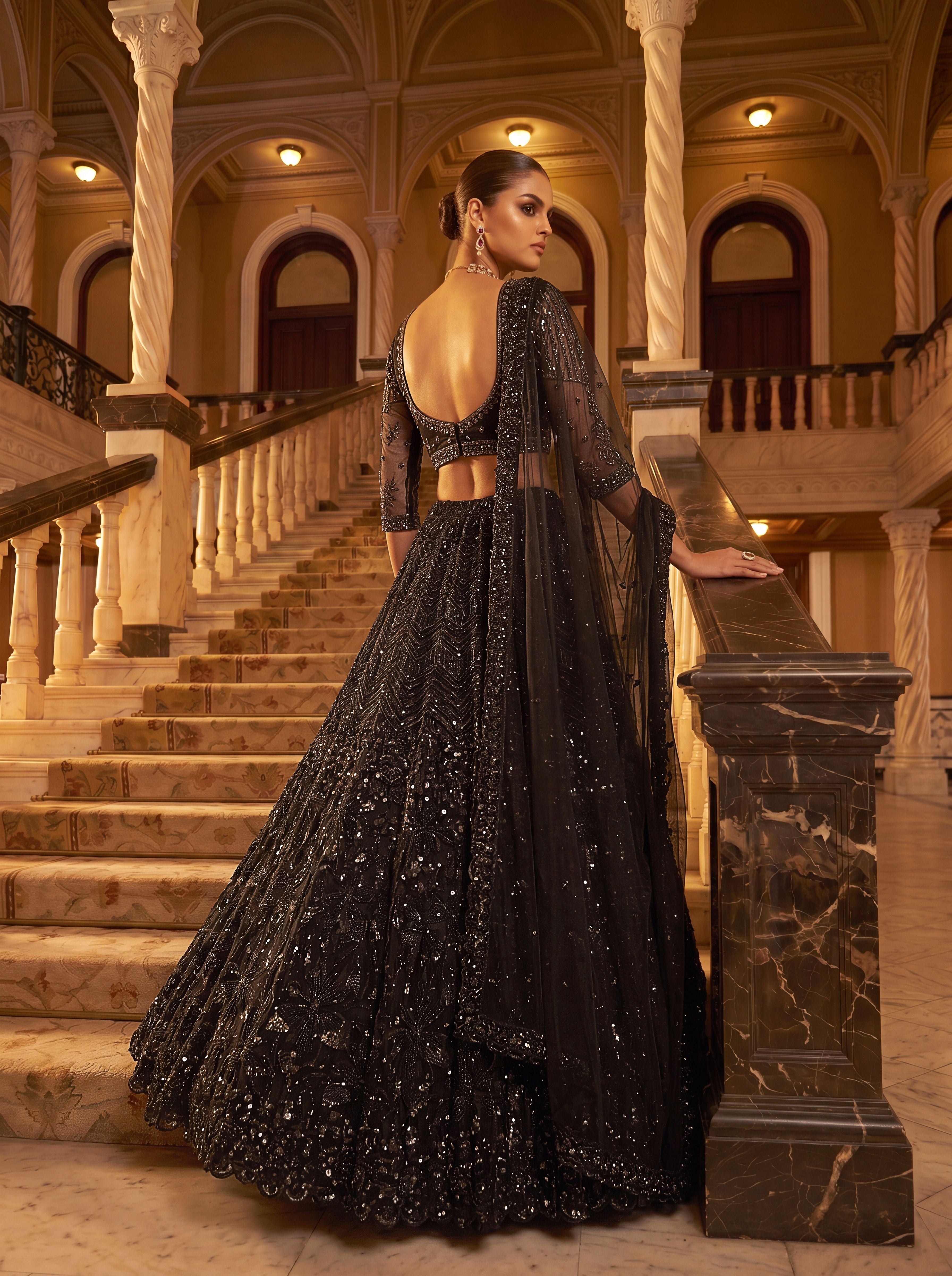 Z Black Pure Heavy Net Monochrome Sequins Zari Embroidery Work Net Bridal Lehenga Choli