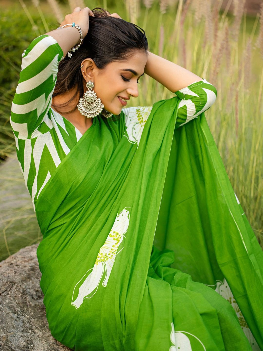 Green Pure Soft Cotton Bagru Block Print Saree Cotton saree Anant Tex Exports Pvt.Ltd..