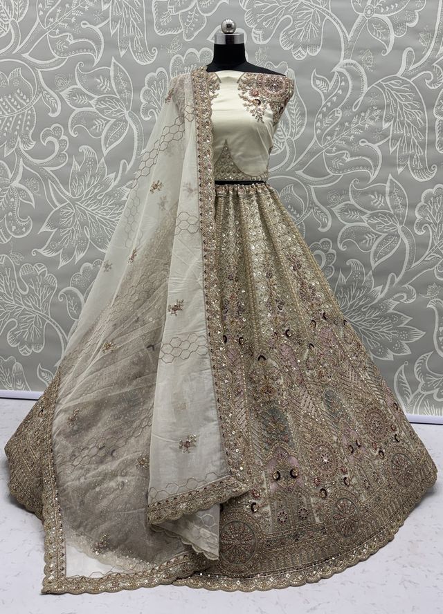 White Pure Soft Heavy Net Sequins Embroidery Work Bridal Lehenga