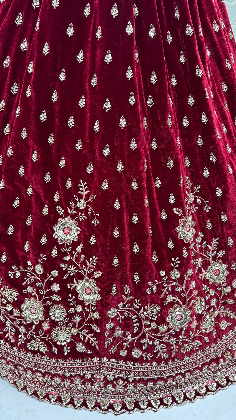 Red Pure Soft Velvet Heavy Embroidery Patch Work Bridal Lehenga