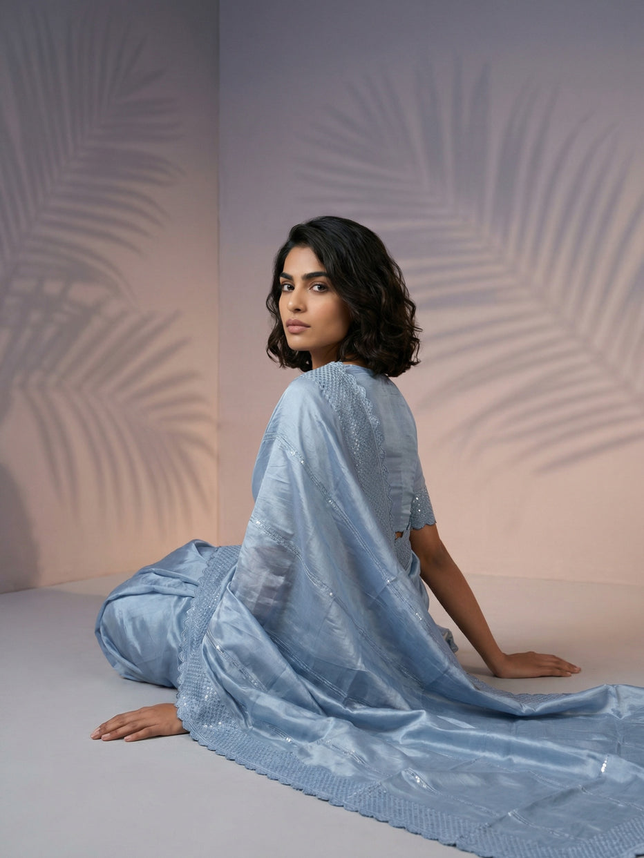 Grey Pure Raspberry Silk Embroidered Leheriya Work and Sequin Saree