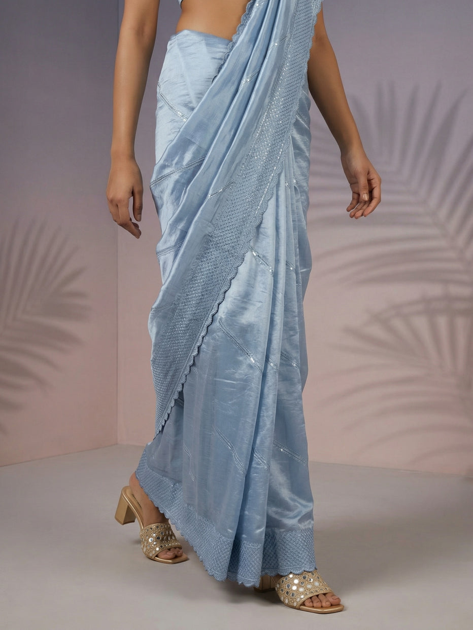 Grey Pure Raspberry Silk Embroidered Leheriya Work and Sequin Saree