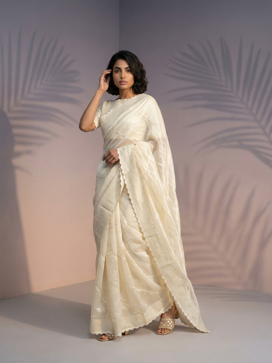 White Pure Raspberry Silk Embroidered Leheriya Work and Sequin Saree