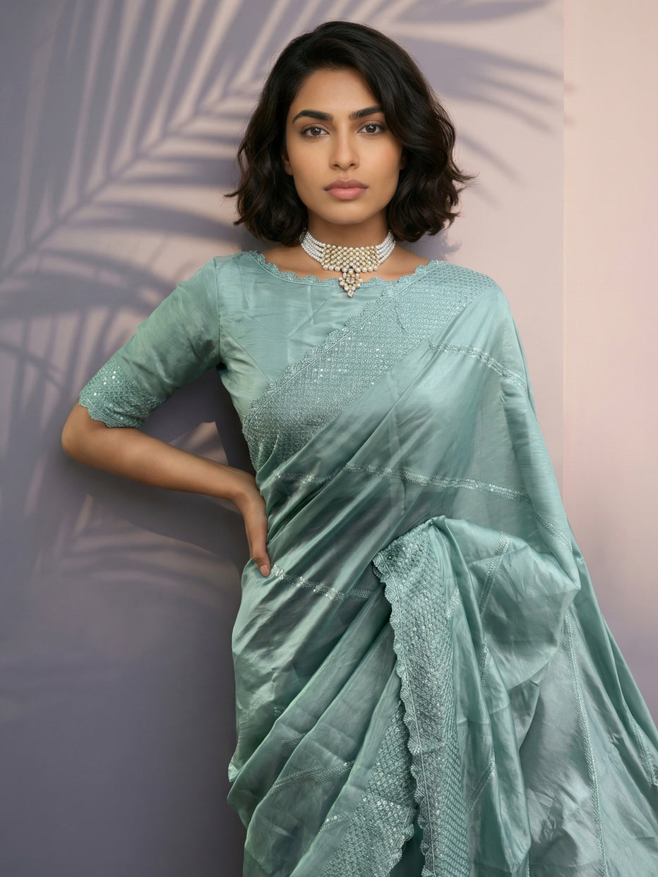 Green Pure Raspberry Silk Embroidered Leheriya Work and Sequin Saree