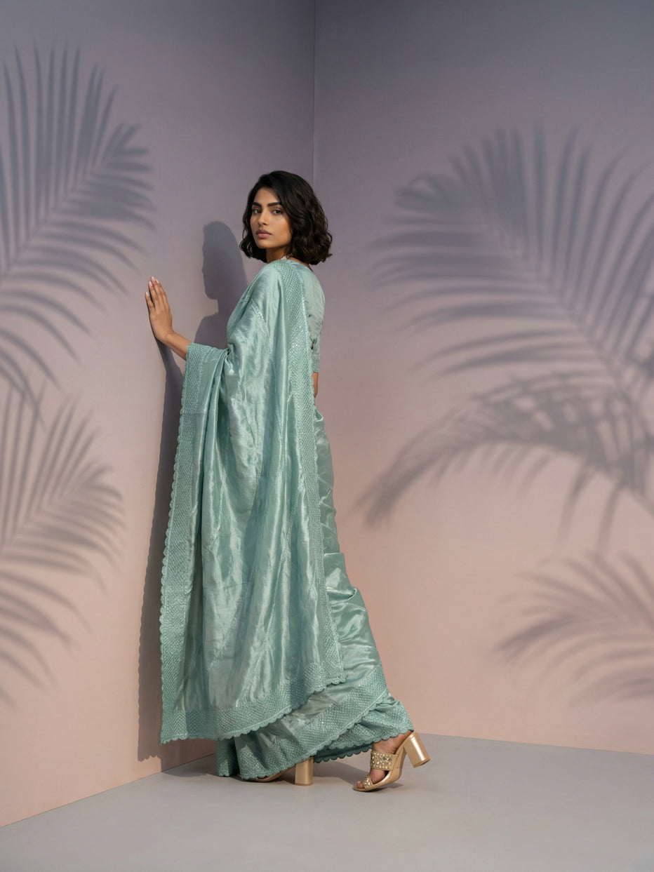 Green Pure Raspberry Silk Embroidered Leheriya Work and Sequin Saree