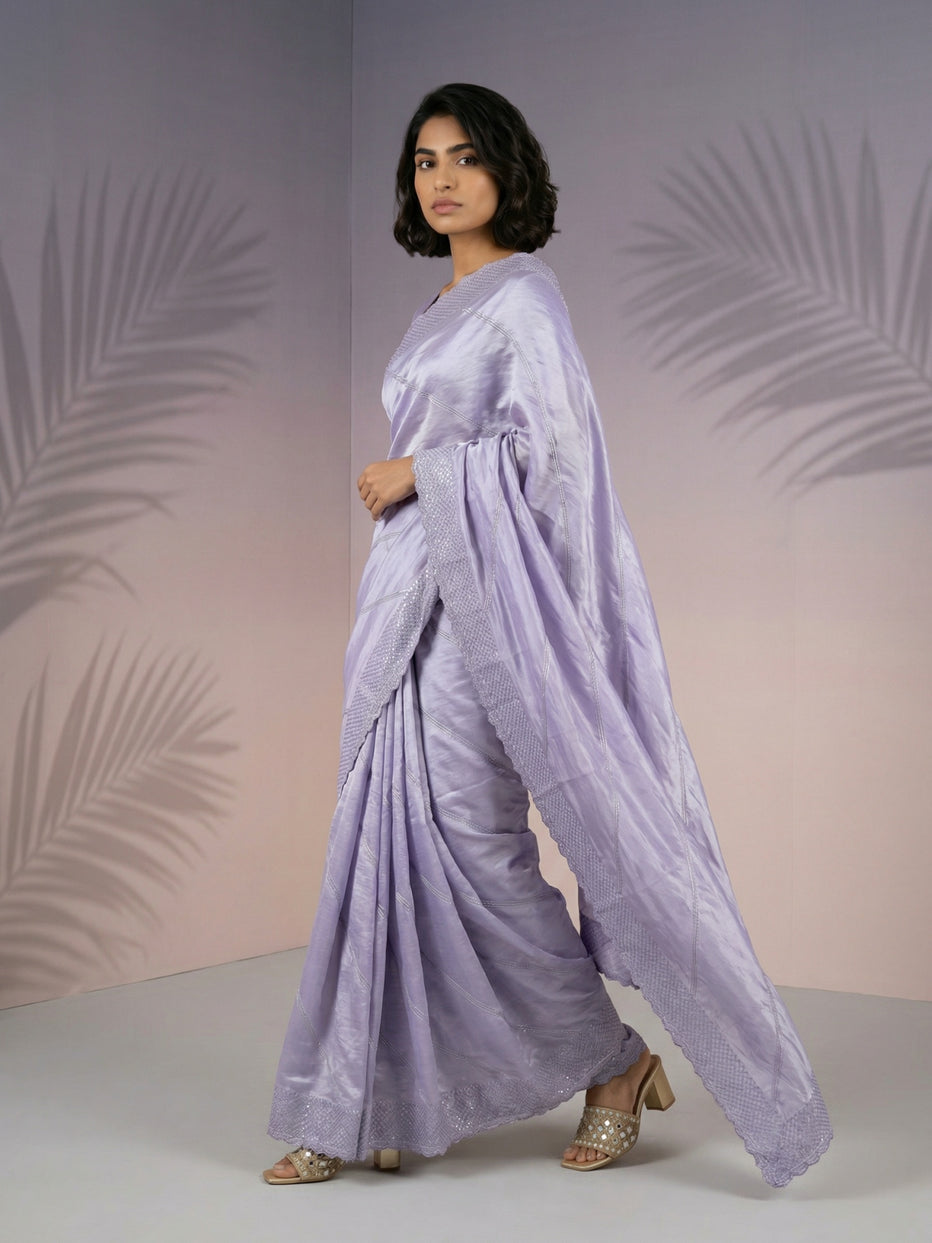 Purple Pure Raspberry Silk Embroidered Leheriya Work and Sequin Saree