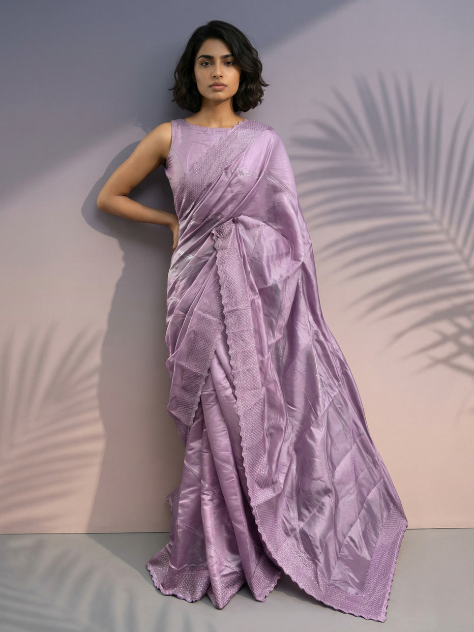 Onion Pure Raspberry Silk Embroidered Leheriya Work and Sequin Saree