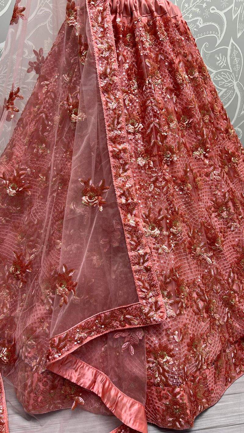 Peach Pink Pure Soft Heavy Net Sequins Embroidery Work Bridal Lehenga