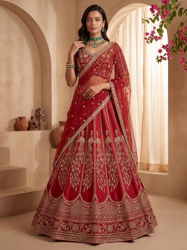 Red Pure Soft Heavy Net Sequins Embroidery Work Bridal Lehenga Choli