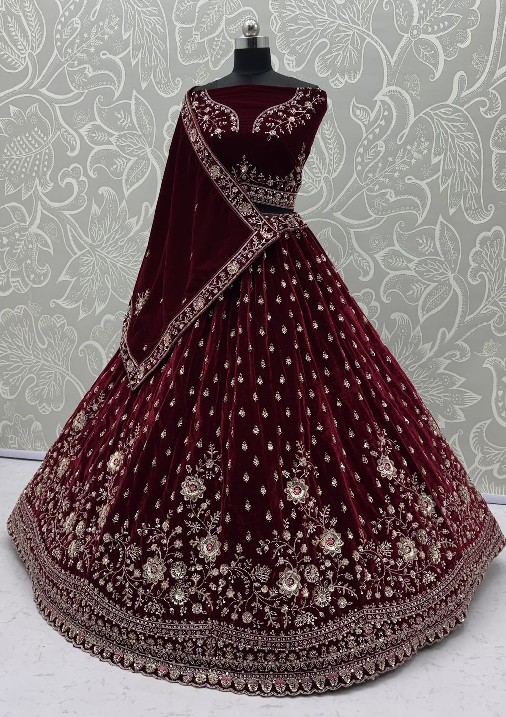 Red Pure Soft Velvet Heavy Embroidery Patch Work Bridal Lehenga