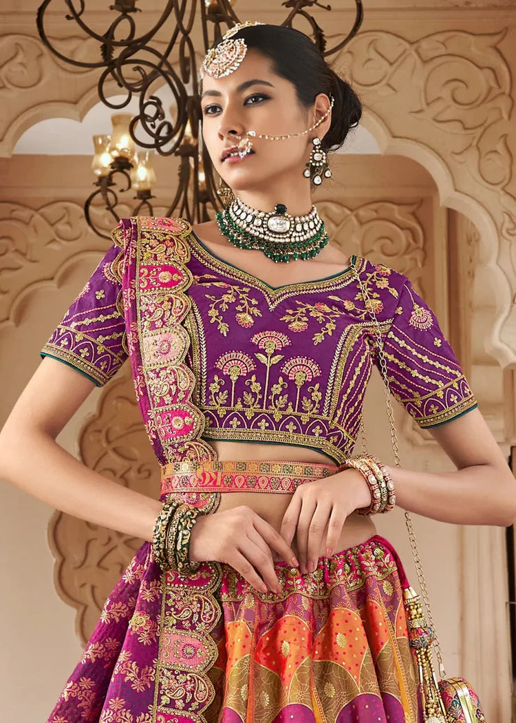 Royal Purple Multicolor Banarasi Silk Lehenga Choli with Zarkan Work