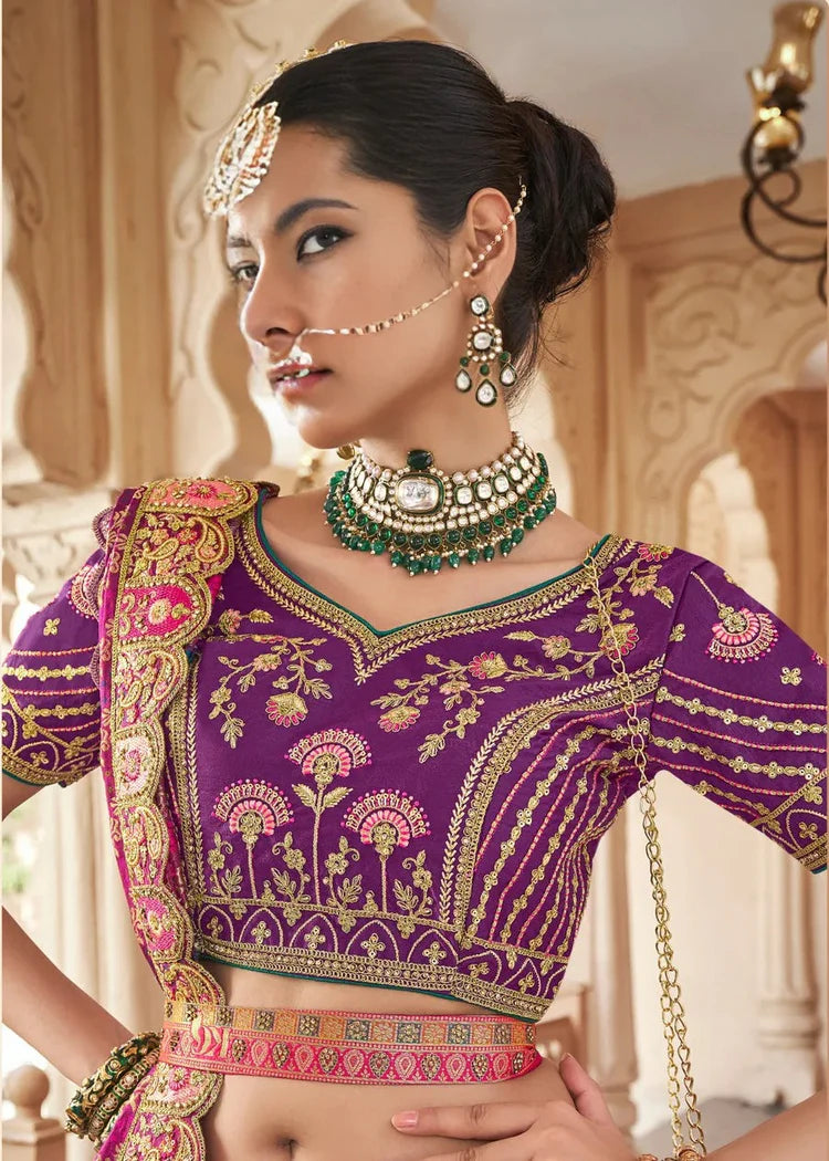 Royal Purple Multicolor Banarasi Silk Lehenga Choli with Zarkan Work