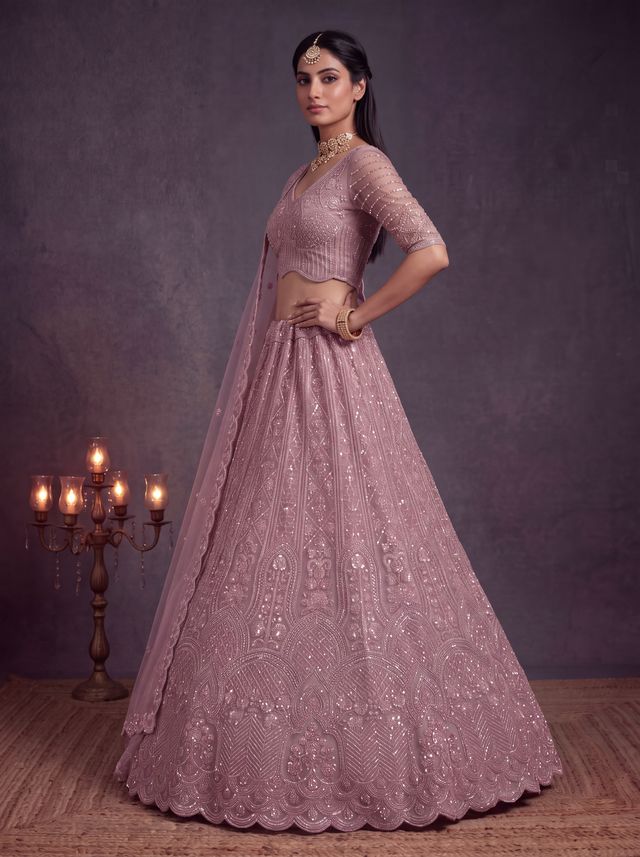 Pink Pure Heavy Net Motif Handwork Zari Sequins Work Bridal Lehenga Choli
